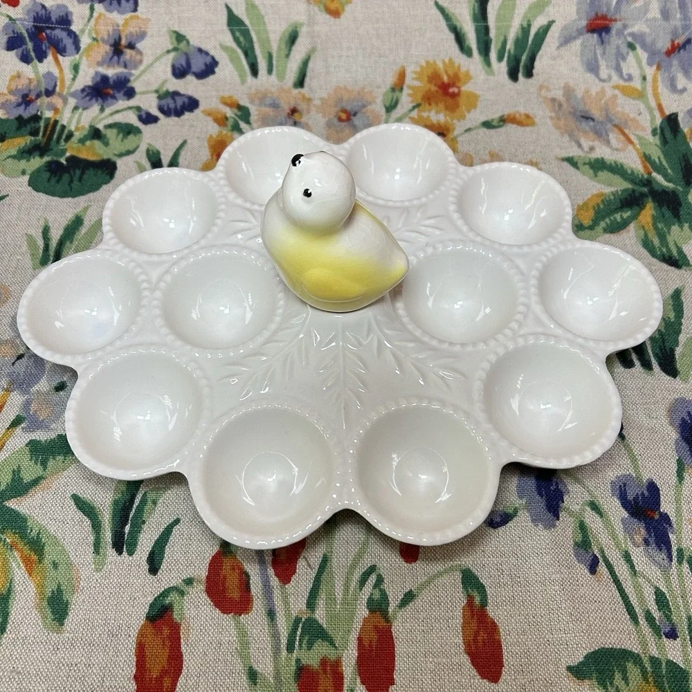 Vintage Easter California Pottery Chick Bird Deviled Egg Plate Dish Platter Tray